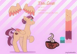Size: 2048x1453 | Tagged: safe, artist:jayliedoodle, oc, oc only, oc:tea cup, pegasus, pony, cute, cutie mark, female, mare, pegasus oc, raised hoof, reference sheet, solo, wings