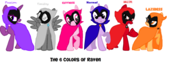 Size: 1620x646 | Tagged: safe, artist:pagiepoppie12345, earth pony, pegasus, pony, unicorn, base used, cloak, clothes, colored eyelashes, colors of raven, cute, evil, eyelashes, female, happy, lazy, mare, normal, passion, purple eyelashes, rage, raven (dc comics), teen titans go, timid