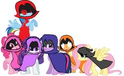 Size: 736x452 | Tagged: safe, applejack, fluttershy, pinkie pie, rainbow dash, rarity, twilight sparkle, earth pony, pegasus, pony, unicorn, g4, 1000 hours in ms paint, angry, applejack also dresses in style, cloak, clothes, colored eyelashes, colors of raven, derp, eyelashes, happy, lazy, love, passion, purple eyelashes, rage, rainbow dash always dresses in style, raven (dc comics), red eyes, sad, simple background, smiling, teen titans go, timid, unicorn twilight, white background