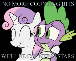 Size: 639x513 | Tagged: safe, artist:eagc7, editor:undeadponysoldier, spike, sweetie belle, dragon, pony, unicorn, g4, black background, counting stars, cute, daaaaaaaaaaaw, eyes closed, female, filly, hug, male, one republic, ship:spikebelle, shipping, simple background, song reference, straight, word art