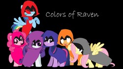 Size: 1280x720 | Tagged: safe, artist:hermiona shinetv, applejack, fluttershy, pinkie pie, rainbow dash, rarity, twilight sparkle, earth pony, pegasus, pony, unicorn, g4, angry, applejack also dresses in style, black background, bucktooth, cloak, clothes, colored eyelashes, colors of raven, cute, derp, diapinkes, eyelashes, flying, frown, gritted teeth, happy, lazy, passion, purple eyelashes, rage, rainbow dash always dresses in style, raised hoof, raven (dc comics), red eyes, sad, shyabetes, simple background, smiling, spread wings, teen titans go, teeth, text, timid, twilight sparkle is not amused, unamused, unicorn twilight, voice actor joke, wings