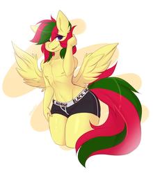 Size: 1909x2173 | Tagged: safe, artist:teranen, oc, oc only, oc:attraction, pegasus, anthro, abstract background, boxer briefs, clothes, femboy, girly, looking at you, male, nudity, partial nudity, simple background, solo, topless, waist wings, white background, wide hips, wings