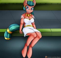 Size: 2500x2400 | Tagged: safe, artist:novaspark, somnambula, pegasus, anthro, unguligrade anthro, g4, clothes, eyeshadow, female, high res, looking at you, makeup, mare, patreon, patreon logo, smiling, solo