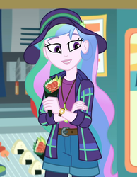 Size: 816x1052 | Tagged: safe, screencap, princess celestia, principal celestia, human, equestria girls, g4, my little pony equestria girls: choose your own ending, the road less scheduled, the road less scheduled: celestia, clothes, cropped, cute, cutelestia, feather, feather necklace, female, flannel, flannel shirt, food, food truck, hat, jewelry, music festival outfit, necklace, shorts, smiling, sushi, sushi cone, watch, wristwatch
