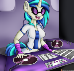 Size: 2500x2400 | Tagged: safe, artist:novaspark, dj pon-3, vinyl scratch, anthro, g4, belly button, clothes, female, high res, jacket, smiling, solo, turntable