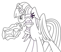 Size: 1476x1265 | Tagged: safe, artist:cowsrtasty, twilight sparkle, alicorn, pony, g4, the beginning of the end, female, glowing horn, horn, hyperventilating, lineart, magic, mare, panic, paper bag, solo, telekinesis, twilight sparkle (alicorn), twilighting