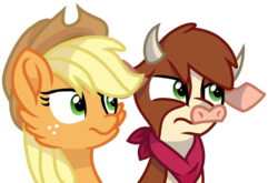 Size: 1224x807 | Tagged: safe, artist:rainbow eevee, applejack, arizona (tfh), cow, them's fightin' herds, g4, bandana, community related, dissapoint, freckles, horns, simple background, transparent background