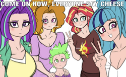 Size: 640x391 | Tagged: safe, artist:franschesco, edit, editor:undeadponysoldier, adagio dazzle, aria blaze, sonata dusk, spike, sunset shimmer, human, equestria girls, g4, clothes, cute, female, group photo, human spike, humanized, male, peace sign, selfie, spikelove, text, the dazzlings