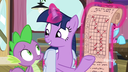 Size: 1920x1080 | Tagged: safe, screencap, cup cake, spike, twilight sparkle, alicorn, dragon, pony, a trivial pursuit, g4, discovery family logo, graph, parchment, saddle bag, scroll, twilight sparkle (alicorn), winged spike, wings, written equestrian