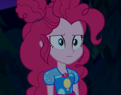 Size: 1384x1080 | Tagged: safe, screencap, pinkie pie, equestria girls, equestria girls specials, g4, my little pony equestria girls: better together, my little pony equestria girls: sunset's backstage pass, cropped, female, geode of sugar bombs, magical geodes, night, outdoors, solo, stare