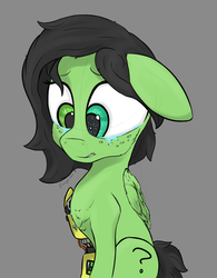 Size: 1291x1657 | Tagged: safe, artist:enragement filly, oc, oc:filly anon, cyborg, pegasus, pony, amputee, borderlands, crying, cybernetic eyes, female, filly, heterochromia, i never asked for this, one ear down, prosthetic leg, prosthetic limb, prosthetics, sad, tales from the borderlands