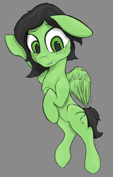 Size: 1122x1748 | Tagged: safe, artist:enragement filly, oc, oc:filly anon, pegasus, pony, female, filly, lip bite, looking at you, lying down, one ear down