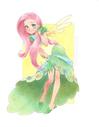 Size: 1562x1998 | Tagged: safe, artist:chihirohowe, fluttershy, human, g4, clothes, dress, female, gala dress, humanized, leaning forward, shoes, simple background, smiling, solo, winged humanization, wings