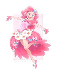 Size: 1564x2000 | Tagged: safe, artist:chihirohowe, pinkie pie, human, g4, arms wide open, bow, clothes, cute, diapinkes, dignified wear, dress, female, gala dress, humanized, looking at you, marker drawing, open mouth, simple background, smiling, solo, traditional art