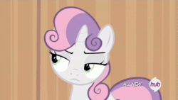 Size: 533x300 | Tagged: safe, screencap, sweetie belle, pony, unicorn, for whom the sweetie belle toils, g4, all fours, animated, annoyed, cute, cute when angry, diasweetes, female, filly, foal, gritted teeth, growling, hub logo, listening, looking at you, looking up, madorable, multicolored mane, narrowed eyes, raised eyebrow, solo, sweetie belle is not amused, turned head, unamused, zoom in