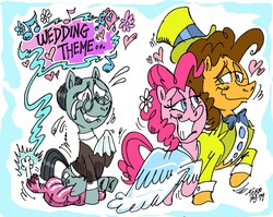 Size: 1280x1020 | Tagged: safe, artist:grotezco, cheese sandwich, pinkie pie, sans smirk, pony, g4, the last laugh, alternate ending, bridal, clothes, crying, dress, female, floating heart, groom, handkerchief, happiness, happy, heart, hilarious in hindsight, looking at each other, male, music, romance, ship:cheesepie, shipping, sitting, smiling, straight, suit, tears of joy, wedding dress, whoopee cushion