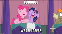Size: 888x499 | Tagged: safe, edit, edited screencap, screencap, cranky doodle donkey, pinkie pie, twilight sparkle, alicorn, pony, a trivial pursuit, g4, blank notepad, caption, discovery family logo, floppy ears, image macro, laughing, laughingmares.jpg, meme, messy mane, notepad, text, twilight sparkle (alicorn), wig