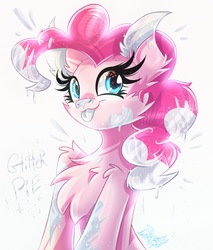 Size: 1700x2000 | Tagged: safe, artist:alexbluebird, pinkie pie, earth pony, pony, g4, chest fluff, cute, female, glitter, happy, solo, tongue out