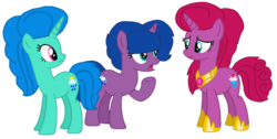 Size: 1848x930 | Tagged: safe, artist:徐詩珮, oc, oc:betty pop, oc:spring legrt, oc:storm lightning, pony, unicorn, base used, female, half-siblings, magical lesbian spawn, mare, next generation, offspring, parent:glitter drops, parent:spring rain, parent:tempest shadow, parents:glittershadow, parents:springdrops, parents:springshadow, parents:springshadowdrops, siblings, simple background, sisters, transparent background