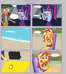 Size: 1808x2039 | Tagged: safe, artist:thomaszoey3000, sci-twi, sunset shimmer, timber spruce, twilight sparkle, comic:abandoned, equestria girls, equestria girls series, g4, beach, cellphone, clothes, geode of empathy, geode of telekinesis, glasses, magical geodes, pants, phone, skirt, smartphone, swimsuit