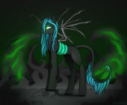 Size: 3000x2500 | Tagged: safe, artist:kirasunnight, queen chrysalis, changeling, changeling queen, g4, crown, female, high res, jewelry, leonine tail, regalia, skeletal wings, solo