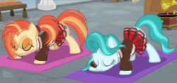 Size: 800x377 | Tagged: safe, edit, edited screencap, editor:luzion, screencap, lighthoof, shimmy shake, earth pony, pony, 2 4 6 greaaat, g4, animated, backbend, butt shake, cheerleader, clothes, female, glutes, invisible stallion, out of context, pleated skirt, skirt, stretching, yoga, yoga mat
