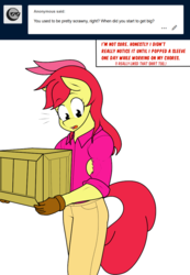 Size: 692x1002 | Tagged: safe, artist:matchstickman, apple bloom, earth pony, anthro, matchstickman's apple brawn series, tumblr:where the apple blossoms, g4, apple brawn, biceps, box, clothes, comic, dialogue, female, gloves, muscles, pants, shirt, simple background, solo, teenager, tumblr comic, white background