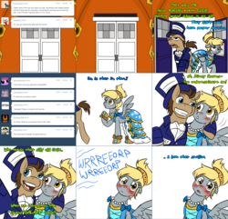 Size: 2344x2255 | Tagged: safe, artist:jitterbugjive, derpy hooves, doctor whooves, time turner, earth pony, pegasus, pony, lovestruck derpy, g4, blushing, clothes, doctor who, dress, female, hat, high res, male, ship:doctorderpy, shipping, straight, suit, tardis, tardis console room, tardis control room, the doctor, top hat