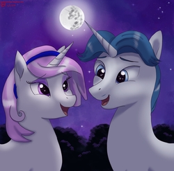 Size: 2242x2219 | Tagged: safe, artist:greenbrothersart, fancypants, fleur-de-lis, pony, unicorn, g4, alternate hairstyle, eye reflection, female, hairband, high res, looking at each other, male, mare, mare in the moon, moon, night, open mouth, reflection, ship:fancyfleur, shipping, smiling, stallion, stars, straight, younger