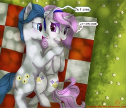 Size: 4200x3600 | Tagged: safe, artist:greenbrothersart, fancypants, fleur-de-lis, pony, unicorn, g4, alternate hairstyle, crossed hooves, cuddling, cutie mark, dappled sunlight, female, french, hooves to the chest, lidded eyes, looking at each other, male, mare, missing accessory, on side, open mouth, picnic blanket, prone, ship:fancyfleur, shipping, speech, speech bubble, spooning, stallion, straight, younger