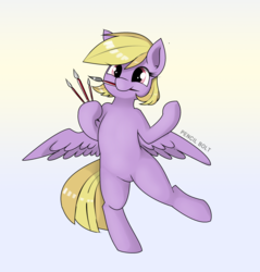 Size: 2392x2504 | Tagged: safe, artist:pencil bolt, oc, oc only, oc:wet paint, pegasus, pony, bipedal, fanart, female, high res, hoof hold, mouth hold, paintbrush, smiling, solo, standing, wings