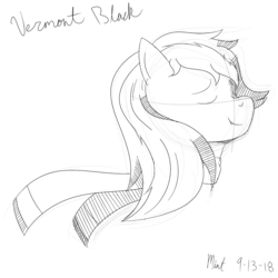 Size: 1800x1800 | Tagged: artist needed, safe, oc, oc only, oc:vermont black, earth pony, pony, clothes, eyes closed, fangs, male, monochrome, scarf, solo, stallion