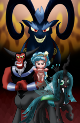 Size: 1023x1583 | Tagged: safe, artist:aleximusprime, cozy glow, grogar, lord tirek, queen chrysalis, alicorn, centaur, changeling, changeling queen, pony, g4, season 9, antagonist, dark, evil, evil grin, female, filly, foal, grin, horns, legion of doom, looking at you, male, mare, ram, sinister, smiling