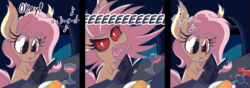 Size: 1511x534 | Tagged: safe, artist:dragonpone, derpibooru exclusive, fluttershy, bat pony, pony, g4, alphabet, animated, bat ponified, blood, book, break, chest fluff, comic, dialogue, ear fluff, eeee, eye shimmer, female, flutterbat, food, gif, glass, mango, music notes, open mouth, plate, race swap, reading, screaming, singing, smiling, solo, tongue out, wine glass, younger