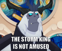 Size: 1023x840 | Tagged: safe, edit, edited screencap, screencap, storm king, yeti, g4, my little pony: the movie, antagonist, armor, canterlot castle, caption, cropped, crown, fangs, frown, horns, image macro, jewelry, male, meme, regalia, solo, stained glass, text, unamused