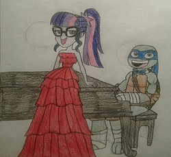Size: 1036x948 | Tagged: safe, artist:jebens1, sci-twi, twilight sparkle, human, turtle, equestria girls, g4, ariana grande, beauty and the beast, bowtie, clothes, crossover, dress, female, glasses, john legend, leonardo, male, musical instrument, open mouth, piano, ponytail, red dress, simple background, singing, song reference, teenage mutant ninja turtles, tmnt 2012, traditional art, twilightnardo, white background