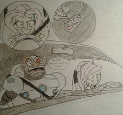 Size: 1100x1025 | Tagged: safe, artist:jebens1, fluttershy, human, equestria girls, g4, armor, car, crossover, cyborg (dc comics), driving, evil grin, fanfic art, fanfic in the description, female, grin, hairpin, legs, male, open mouth, out of character, pedal, pedal pump, pedaling, sandals, scared, seatbelt, serious, serious face, shrunken pupils, simple background, smiling, speech bubble, teen titans, teen titans go, traditional art, white background