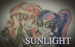 Size: 1581x997 | Tagged: safe, artist:jebens1, sci-twi, sunset shimmer, twilight sparkle, human, vampire, fanfic:sunlight, equestria girls, equestria girls series, g4, apple, clothes, dark, fanfic, fanfic art, fanfic in the description, female, food, glasses, grin, jacket, leather jacket, lesbian, looking at you, ponytail, red eyes, ship:sci-twishimmer, ship:sunsetsparkle, shipping, simple background, smiling, text, traditional art, twilight (series), vampire shimmer, white background