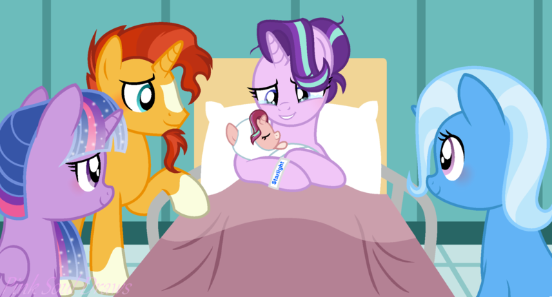 2122285 - safe, artist:pink-soul27, starlight glimmer, sunburst, trixie,  twilight sparkle, oc, oc:stellar glitter, alicorn, pony, baby, baby pony,  birth, canon x oc, crying, female, male, offspring, parent:starlight  glimmer, parent:sunburst, parents ...