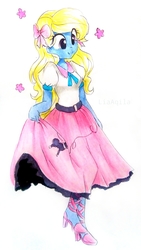 Size: 2222x3950 | Tagged: safe, artist:liaaqila, oc, oc:azure/sapphire, human, equestria girls, g4, clothes, crossdressing, femboy, high res, male, poodle skirt, skirt, traditional art