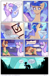 Size: 2301x3549 | Tagged: safe, artist:darlyjay, oc, oc only, oc:dazzle pin, oc:ginger gold, oc:sterling sentry, pony, unicorn, comic:save the harmony, bow, comic, crystal empire, female, hair bow, high res, laughing, magic, mare, offspring, parent:applejack, parent:flash sentry, parent:pinkie pie, parent:pokey pierce, parent:trouble shoes, parent:twilight sparkle, parents:flashlight, parents:pokeypie, parents:troublejack, quill