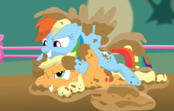 Size: 3536x2269 | Tagged: safe, artist:porygon2z, applejack, rainbow dash, earth pony, pegasus, pony, g4, catfight, farm, fight, freckles, high res, looking at each other, mud, mud wrestling, playing