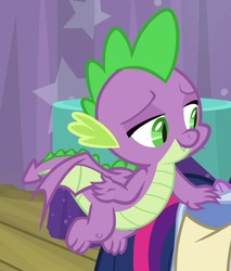 Size: 902x1058 | Tagged: safe, screencap, spike, twilight sparkle, alicorn, dragon, pony, a trivial pursuit, g4, cropped, male, offscreen character, smiling, solo focus, twilight sparkle (alicorn), winged spike, wings