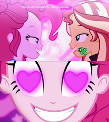 Size: 1280x1436 | Tagged: safe, edit, screencap, pinkie pie, sunset shimmer, coinky-dink world, eqg summertime shorts, equestria girls, equestria girls series, g4, sunset's backstage pass!, spoiler:eqg series (season 2), female, heart, heart eyes, lesbian, meme, pinkie the shipper, pinkie's eyes, ship:sunsetpie, shipping, wingding eyes