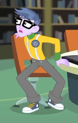 Size: 333x526 | Tagged: safe, screencap, microchips, equestria girls, equestria girls series, forgotten friendship, g4, clothes, converse, cropped, glasses, pants, shocked, shoes, sneakers