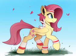 Size: 2330x1725 | Tagged: safe, artist:yakovlev-vad, angel bunny, fluttershy, butterfly, pegasus, pony, rabbit, g4, animal, chest fluff, concave belly, duo, earbuds, eyes closed, female, grass, lacrimal caruncle, leg band, male, mare, raised hoof, slender, sweatband, thin, walking, workout outfit
