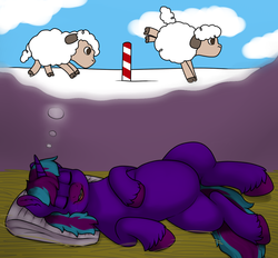 Size: 960x889 | Tagged: safe, artist:69beas, oc, oc only, oc:neon eclipse, pony, sheep, unicorn, colored hooves, dark, digital art, dream, drool, hay, hoof fluff, jumping, lying down, lying on bed, male, on back, open mouth, pillow, sleeping, solo, stallion