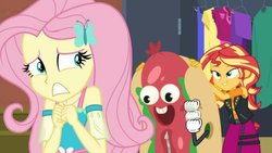 Size: 1161x653 | Tagged: safe, edit, edited screencap, screencap, fluttershy, sunset shimmer, costume conundrum, costume conundrum: sunset shimmer, equestria girls, g4, my little pony equestria girls: choose your own ending, clothes, geode of fauna, hot dog costume, magical geodes, parody