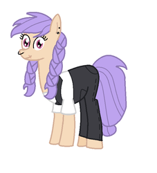 Size: 622x684 | Tagged: safe, artist:theawesomeguy98201, oc, oc only, oc:broken gears, earth pony, pony, clothes, ear piercing, earring, eye scar, female, jeans, jewelry, mare, nose piercing, nose ring, overalls, pants, piercing, pigtails, scar, shirt, simple background, solo, t-shirt, twintails, white background
