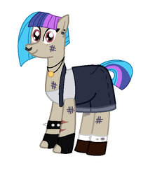 Size: 573x647 | Tagged: safe, artist:theawesomeguy98201, oc, oc only, oc:scavy, earth pony, pony, boots, clothes, denim, dirt, ear piercing, earring, female, fingerless gloves, gloves, jewelry, mare, multicolored hair, necklace, nose piercing, nose ring, overalls, piercing, scar, scratching, shoes, shorts, simple background, socks, solo, spiked wristband, tank top, torn clothes, white background, white socks, wristband